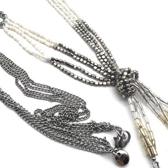 Loft Beaded Fringe Long Layered Twisted Stunning Necklace Silver - Picture 1 of 8